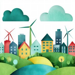 A colorful, whimsical cityscape with wind turbines, greenery, and clouds, illustrating a sustainable urban environment.