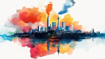 A vibrant watercolor depiction of a city skyline at sunset, featuring smokestacks emitting colorful plumes against a backdrop of clouds.