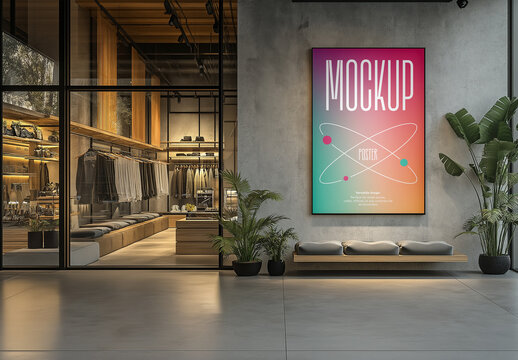Gradient Poster Mockup in Interior Space &ndash; Realistic Display with Tropical Plants and Warm Lighting