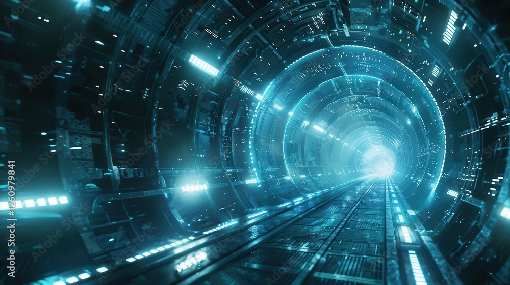Poster futuristic tunnel with glowing lights and high-tech features | dynamic perspective of an advanced te