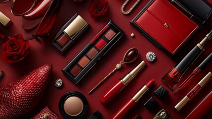 Red lipstick, eyeshadow, and accessories flatlay
