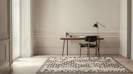 Modern minimalist home office workspace with patterned rug