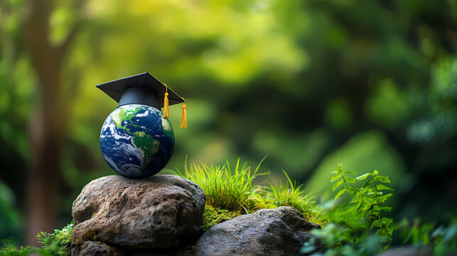 A World of Knowledge: A globe, adorned with a graduation cap, perched atop a moss-covered rock, surrounded by lush greenery, symbolizing the transformative power of education on our planet.  