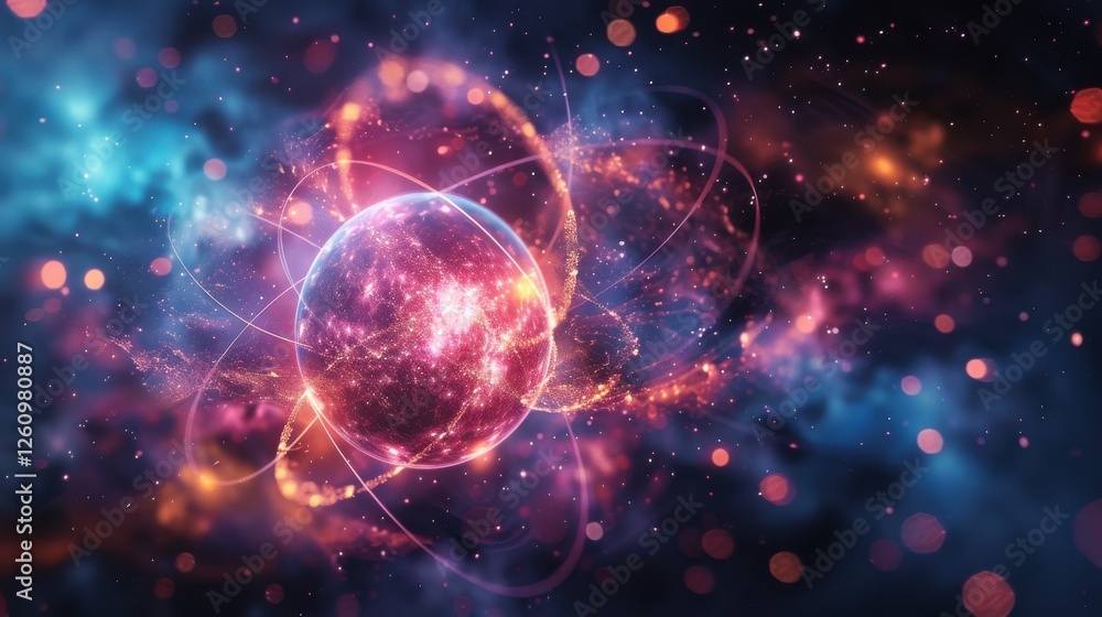Poster vibrant cosmic sphere surrounded by colorful nebula and glowing particle effects representing advanc
