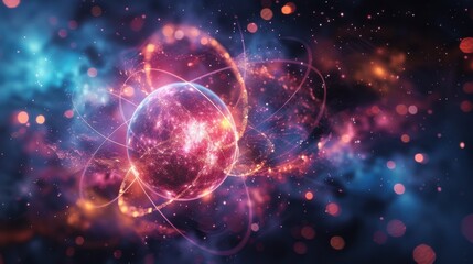 Fototapeta premium Vibrant Cosmic Sphere Surrounded by Colorful Nebula and Glowing Particle Effects Representing Advanced Technology Concepts