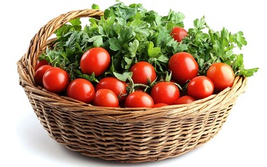 Fresh cherry tomatoes and parsley in wicker basket