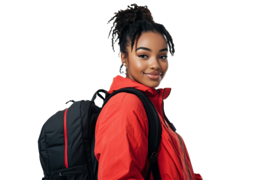 Young student woman in red jacket with backpack smiling isolated on transparent png background