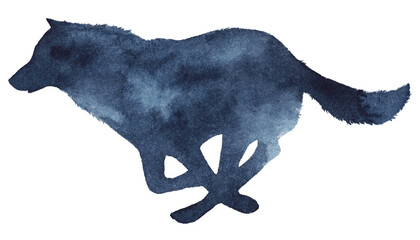 Watercolor illustration of the silhouette of a running wolf on a transparent background 