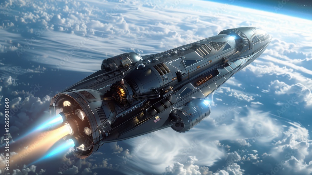 Poster futuristic spaceship flying through clouds in outer space with bright engines and advanced design, r