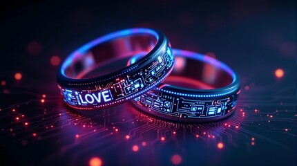 Futuristic Neon-Glowing Wedding Rings with High-Tech Circuit Design