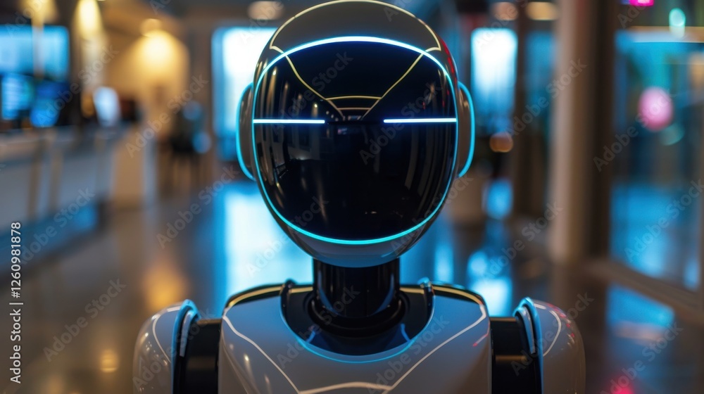 Poster futuristic robot with glowing features in a modern technology environment for stock photography use