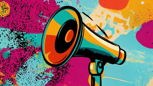 Vibrant abstract megaphone art with dynamic colorful splashes and bold patterns
