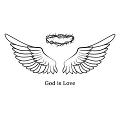 Angel wings and a crown of thorns with the phrase God is Love, Minimalist line art symbolizing faith, sacrifice, and divine love for religious designs, tattoo, print, emblem, logo. Vector illustration