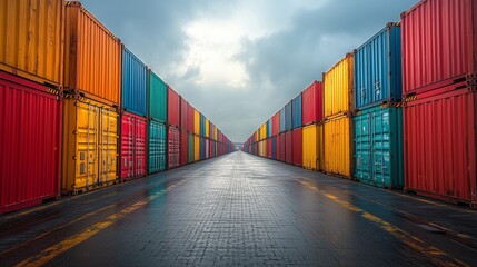 Colorful shipping containers lined up in urban setting for trade and transportation activities