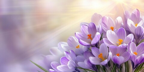 Vibrant crocus flowers bloom in early spring sunlight creating a colorful display of nature's beauty