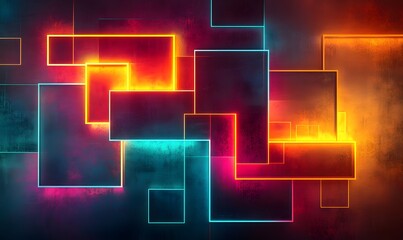 Abstract Background with Glowing Rectangles and Textured Dark Surface, Colorful Neon Lights