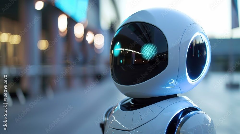Poster futuristic robot in urban setting with sleek design and glowing features showcasing advanced technol