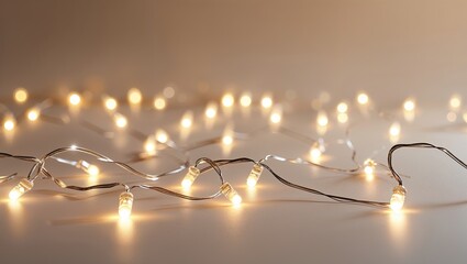 A strand of warm white lights lays gently on a minimalist surface. The soft glow creates a tranquil ambiance, ideal for peaceful evenings or cozy gatherings