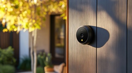 Smart home security camera, outdoor gate, sunset