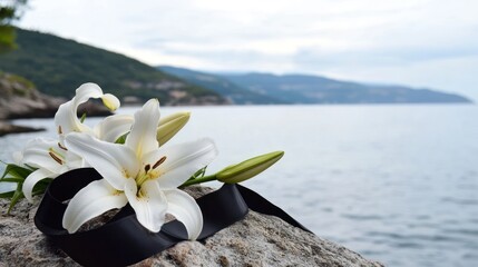 Coastal remembrance lilies, rock, sea, hills