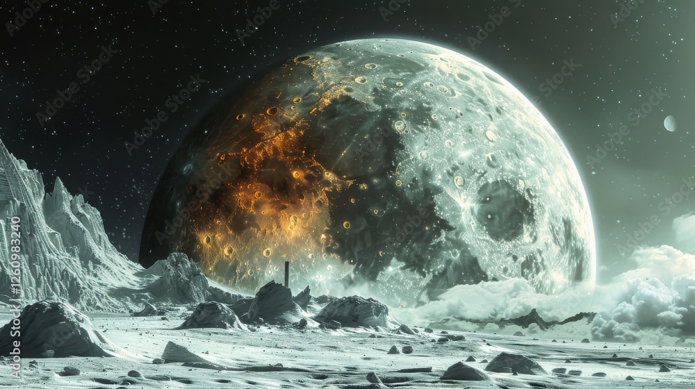 Poster surreal landscape with a celestial body, featuring cratered surface and ethereal atmosphere in a fut