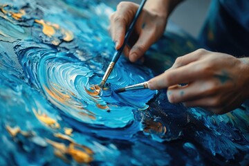Obraz premium Close-up of artist's hands mixing blue and gold oil paints on a canvas, creating a swirling texture.