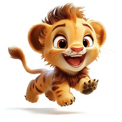 Playful lion cub leaping, white background, cartoon style, kids' book illustration