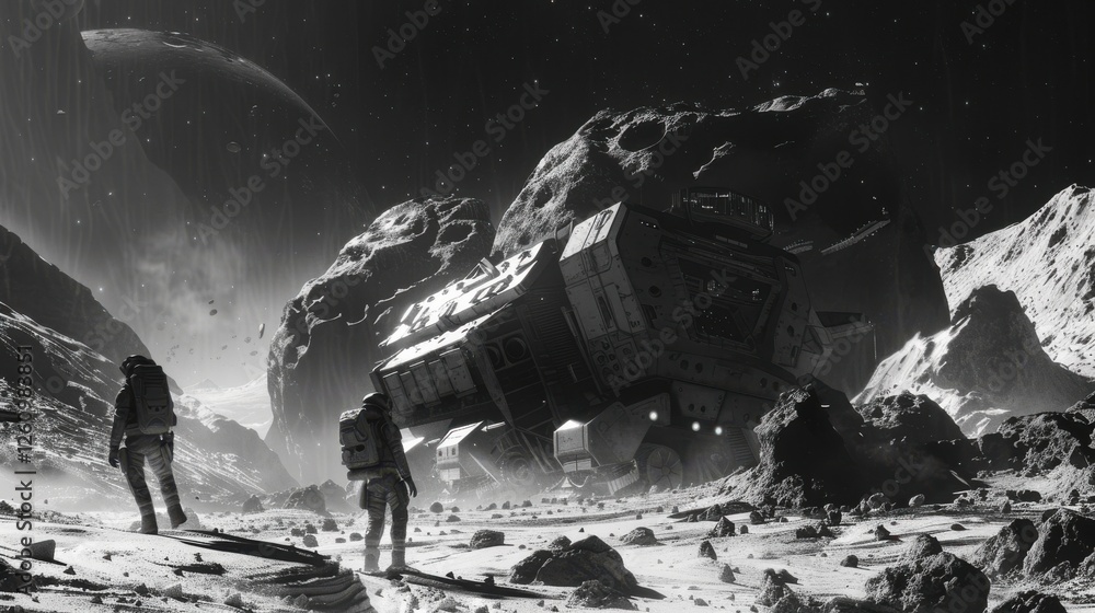 Poster surreal space exploration with astronauts on an asteroid landscape featuring futuristic technology a