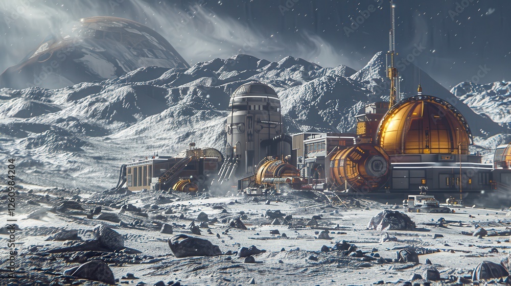 Poster futuristic lunar base with advanced technology and unique structures on a rocky moon landscape in a 