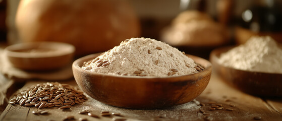 Fototapeta premium Whole Wheat Flour in Wooden Bowl with Sunflower Seeds