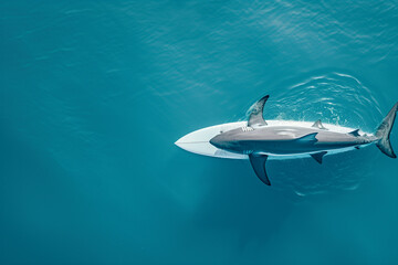 Fototapeta premium Shark Surfboard Above with Copy Space on Ocean Blue Background
