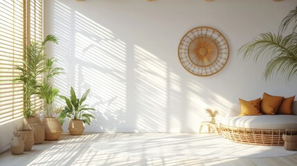 Cozy Minimalist Interior Design with Natural Light and Green Plants in a Sunlit Room