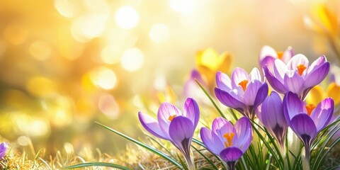 Beautiful spring crocuses bloom in a meadow under warm sunlight during early morning hours