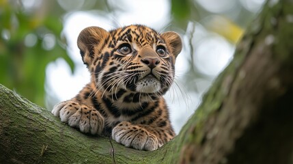 Fototapeta premium Young leopard cub resting on a branch in a lush jungle environment during daytime