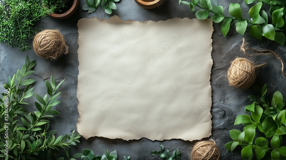 Poster rustic blank paper surrounded by greenery and decorative twine on textured background