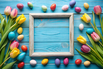 Obraz premium Colorful Easter Eggs and Tulips Arrange Around a Frame on a Teal Wooden Background