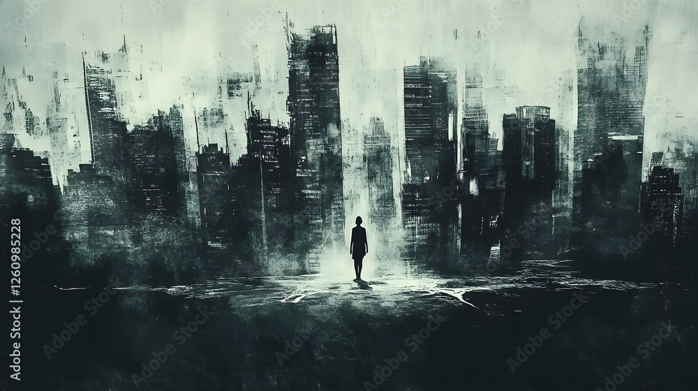 Poster a lone silhouette figure walking on a deserted street against a backdrop of a dark towering city sky