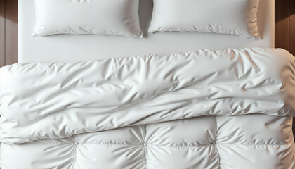 Luxurious white bed with soft quilt and pillows, creating a cozy and comfortable atmosphere, for hotel business