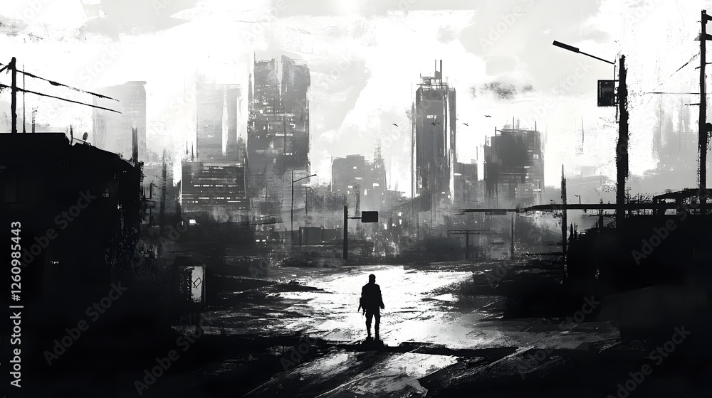 Poster a lone silhouette of a person walking through a dark moody cityscape with towering skyscrapers and a