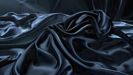Fototapeta premium Soft, dark fabric drapes elegantly across a surface, creating gentle waves and smooth textures. The minimalist design adds to the tranquil mood, enhancing any setting