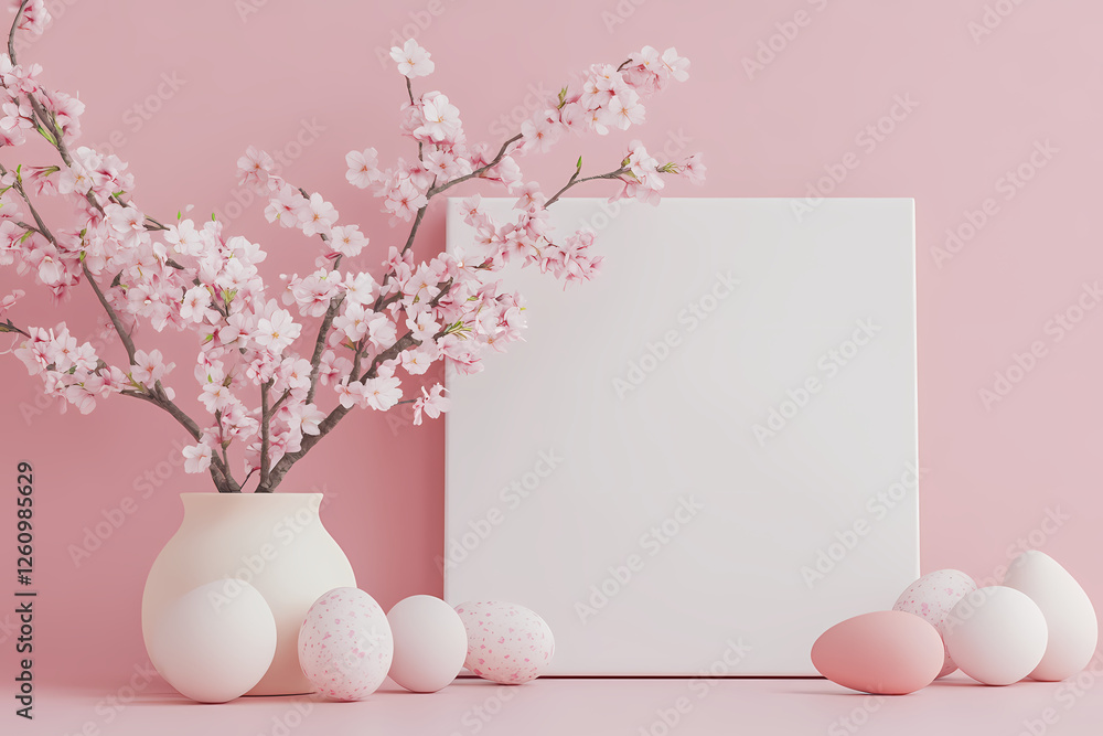 Poster springtime decor: a charming scene with a vase filled with blossoming branches next to some painted 
