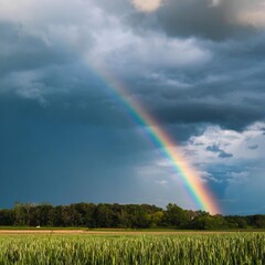 A dramatic stormy sky with dark clouds, lightning bolts, and a faint rainbow appearing in the distance, creating a powerful atmosphere.