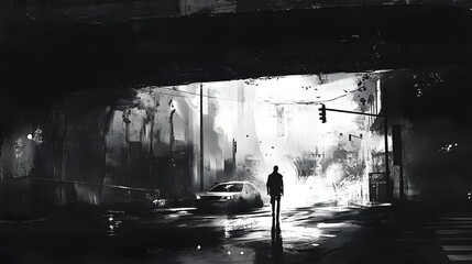 A lone silhouetted figure walks through a darkened gritty alley in an urban cityscape at night creating a moody atmospheric and mysterious scene with a touch of noir and dystopian undertones