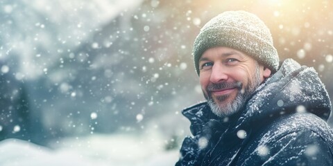 Smiling man in winter attire enjoys falling snow in a serene outdoor setting during daytime