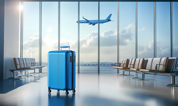 Airport Journey: A vibrant blue suitcase stands prominently in a modern airport terminal, with an airplane taking off through a panoramic window, symbolizing travel, adventure.