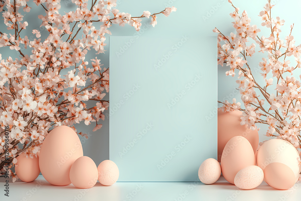 Poster springtime easter display: a pastel-colored display of eggs and flowering branches, evoking the fres
