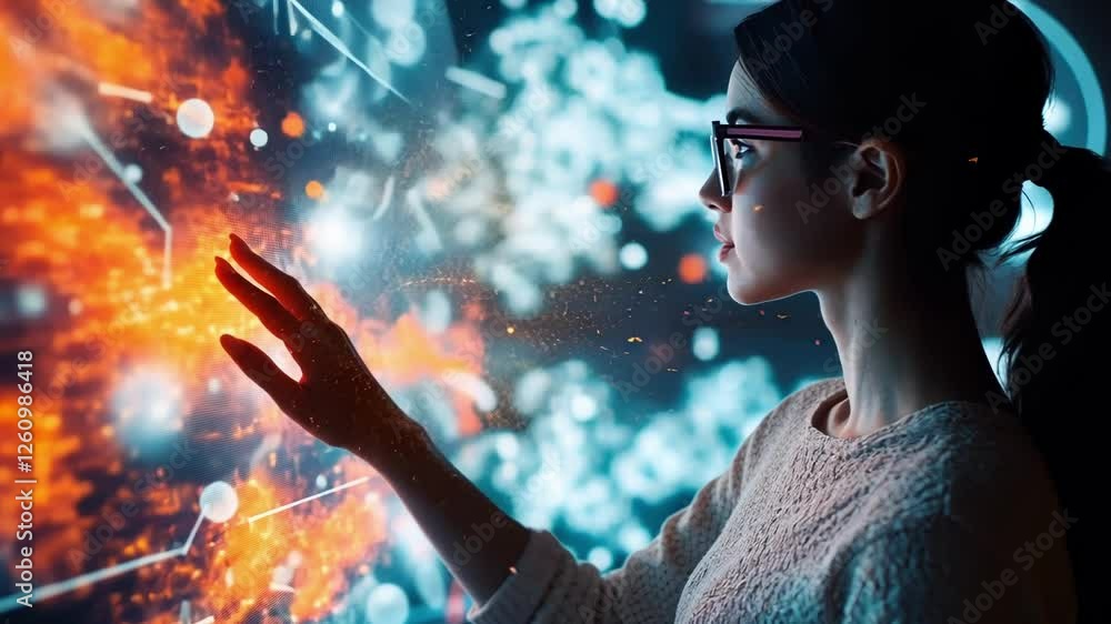 Poster scientist wearing glasses is interacting with a futuristic screen displaying data visualized as a ma