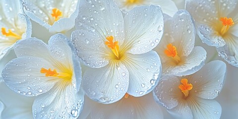 White flowers with orange centers glistening with water droplets in a sunny garden setting