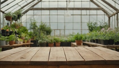 empty wooden table Greenhouse with bonsai trees orchids and other exotic plants created 4