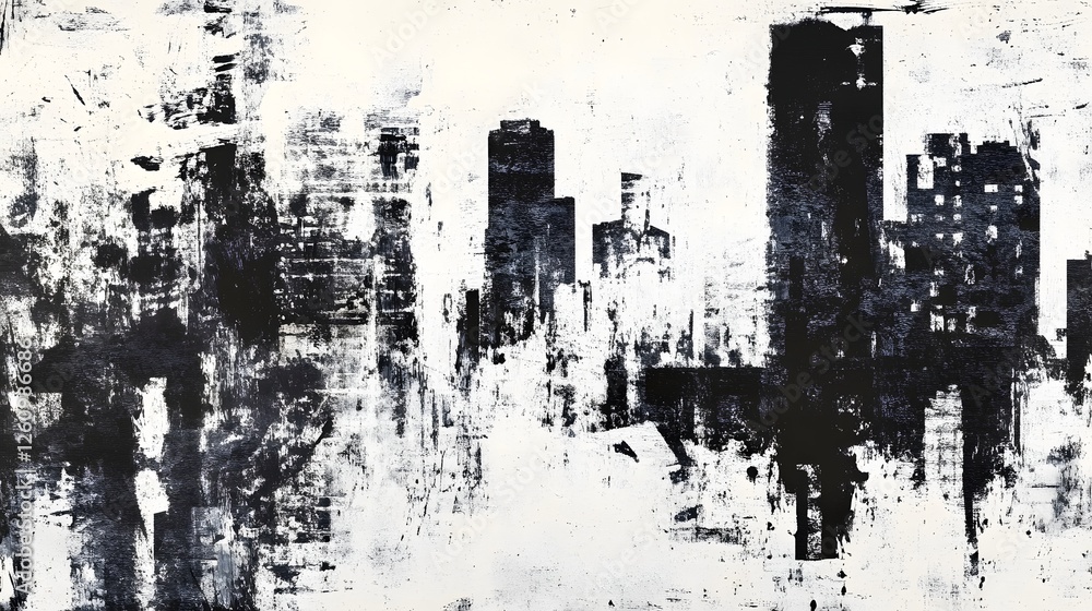 Poster a mesmerizing abstract cityscape captured at night featuring dramatic monochrome silhouettes of towe